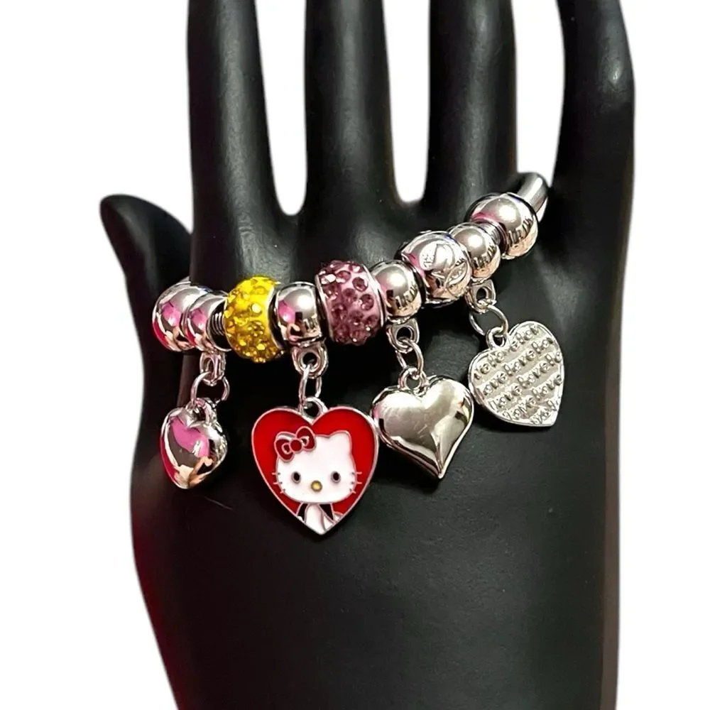Hello Kitty Hearts Pink And Yellow Rhinestone Silver Tone Kids’ Charm Br…